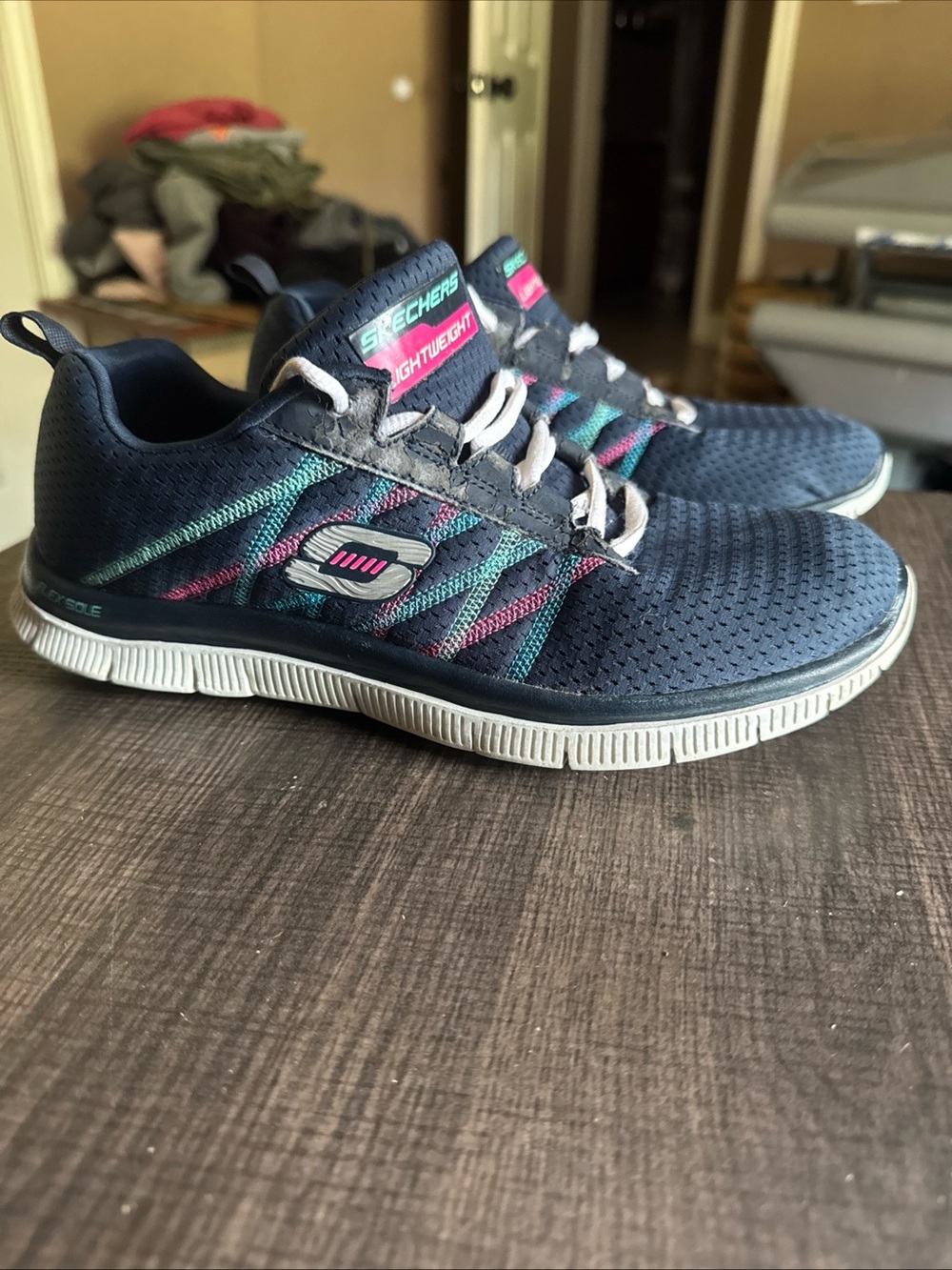 SKECHERS Flex Sole Women Size 8.5 Navy Lace-Up Textile Walking Sneakers